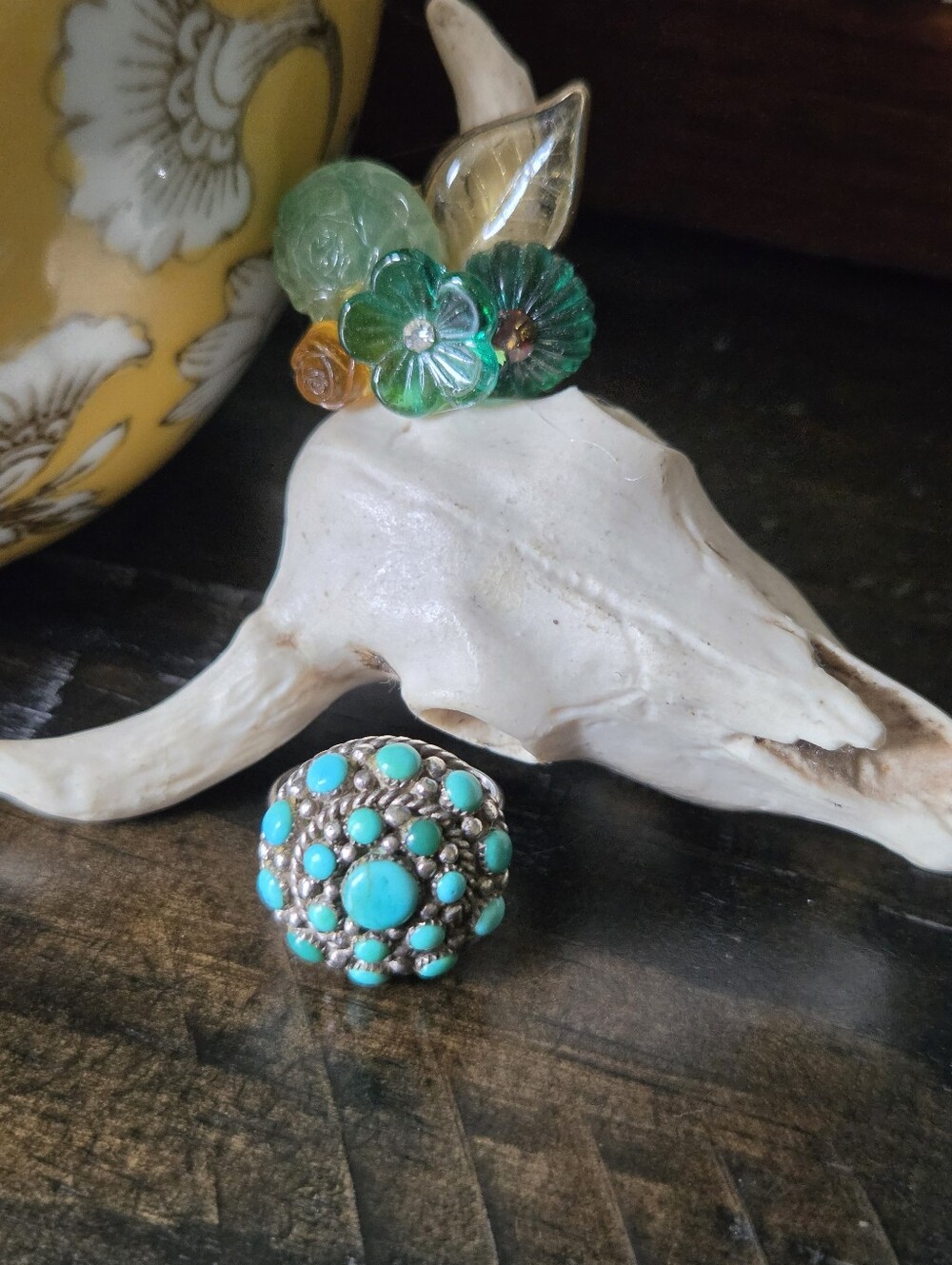 Vintage Signed  Turquoise Cluster Dome Ring - Women Jewelry